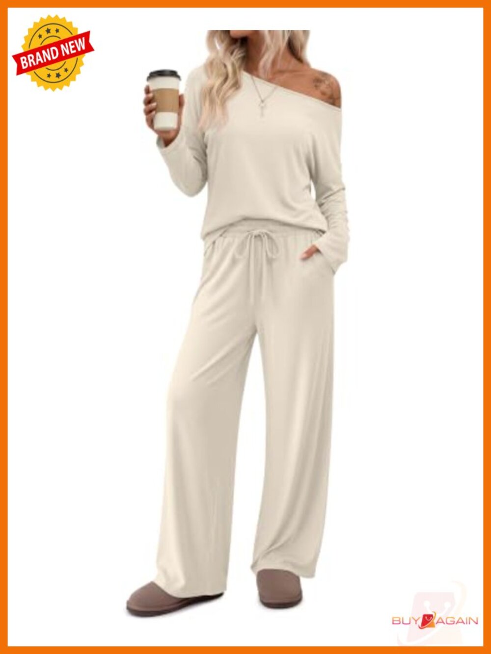 Women's 2 Piece Off Shoulder Lounge Set Wide Leg Pants Long Sleeve